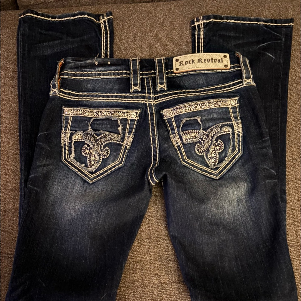 Rock Revival Dark Blue Boot Cut Jeans with Embroidered Back Pockets